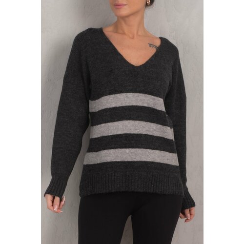 armonika Women's Anthracite Lily V-Neck Striped Knitwear Sweater Cene