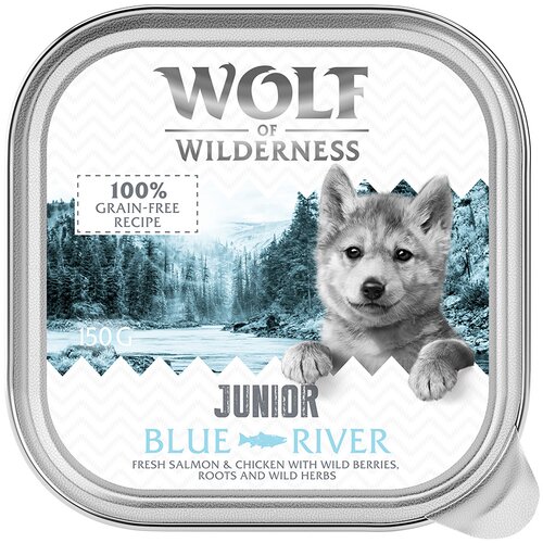Wolf of Wilderness JUNIOR - Duo-Protein receptura 6/24 x 150 g zdjelice - 24 x 150 g Blue River - piletina i losos Slike