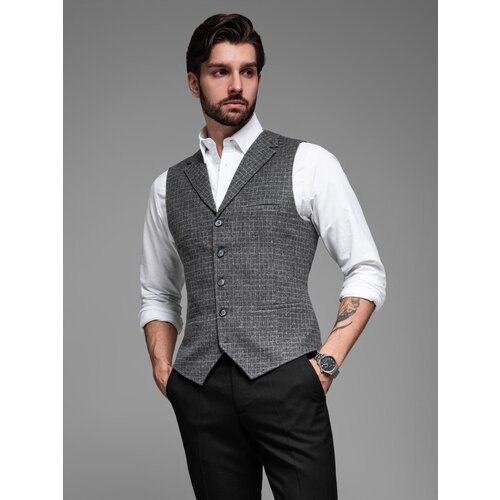 Ombre Men's wool blend vest with checkered lapels - graphite Cene