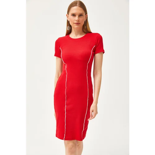 Olalook Women's Red Stripe Detailed Lycra Mini Cotton Dress