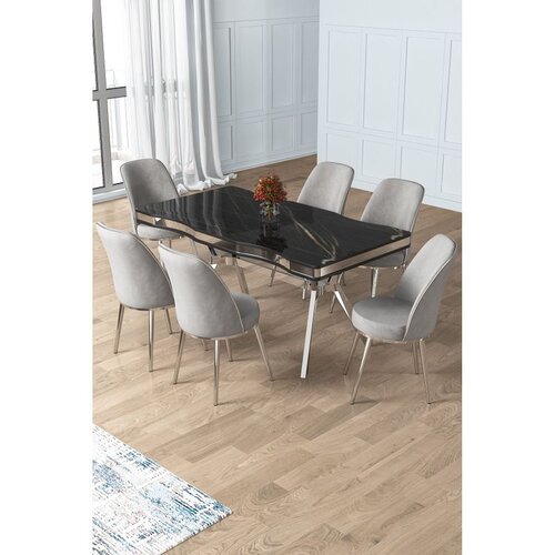 Hanah home trpezarijski set Prah, sto i 6 stolica, ploča u dekoru Sonata, hromirane noge, siva tkanina Babyface Cene