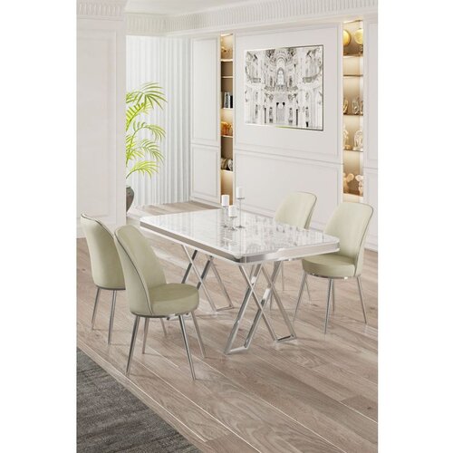 Hanah home vals - white, chrome, cream whitechromecream dining table & chairs set (5 pieces) Cene