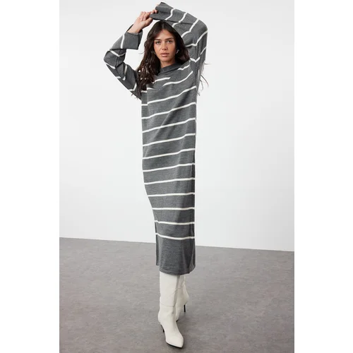 Trendyol Anthracite Striped Slit Detailed Knitwear Dress