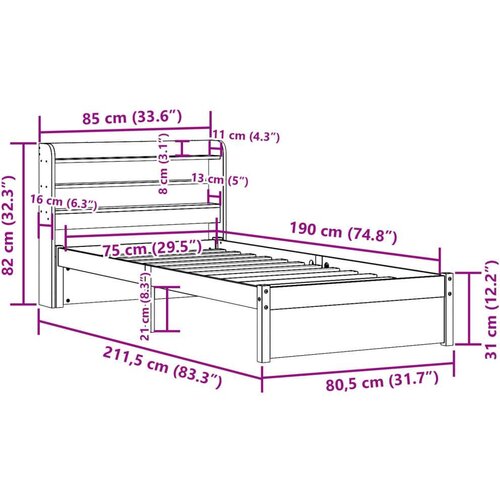 VidaXL Okvir kreveta s uzglavljem 75x190 cm od borovine Slike