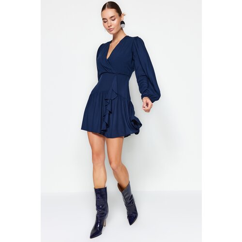 Trendyol Navy Blue Knitted Dress With Flounces, Double Breasted Collar Slike