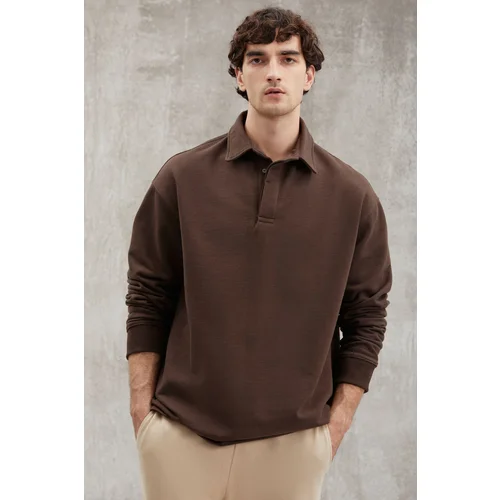 Grimelange John Men's Polo Sweat Shirt Collar Long Back Slit Diagonel Fabric Dark Brown Sweatshir