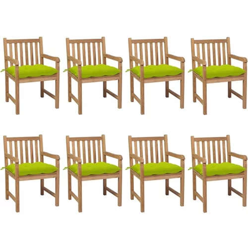  Vrtni stoli 8 kosov s svetlo zelenimi blazinami trdna tikovina