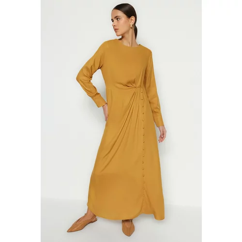 Trendyol Camel Waist 100% Viscose Woven Dress with Shirred Fabric Covered Button Detailed