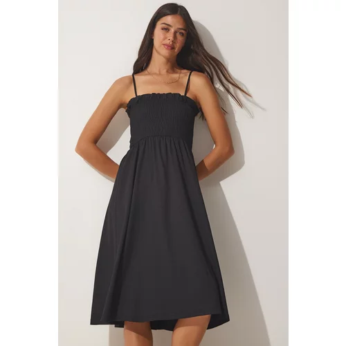 Happiness İstanbul Women's Black Frill Detailed Summer Woven Dress with Straps