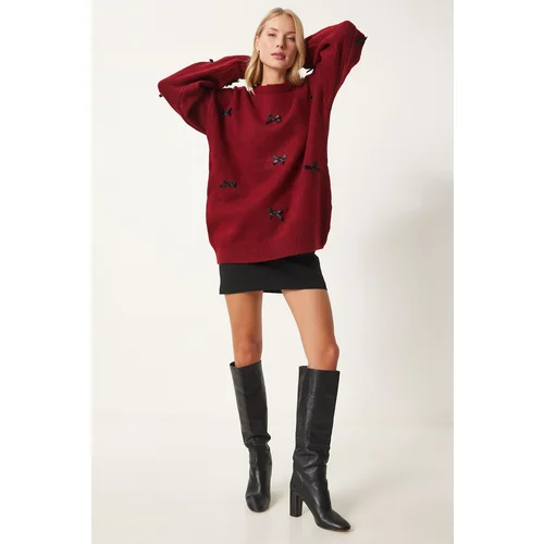 Happiness İstanbul Women's Burgundy Bow Knit Sweater