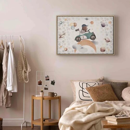  Slika - Galactic Races - A Bear Participating in Car Races Among Planets Clouds and Stars in Pastel Hues 90x60 U prirodnom drven Slike