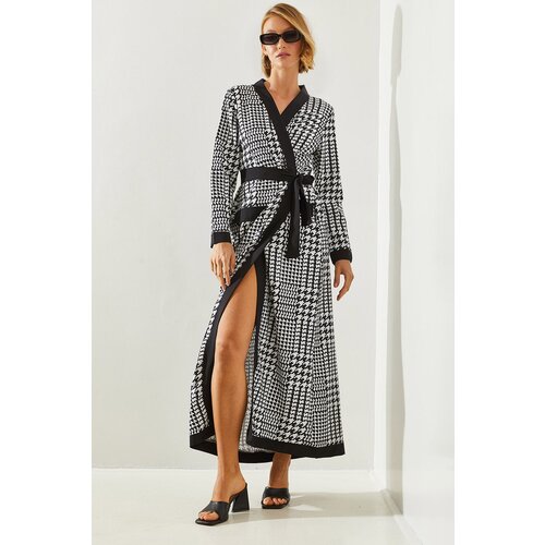 Bianco Lucci Women's Belted Houndstooth Patterned Long Kimono 20447 Slike