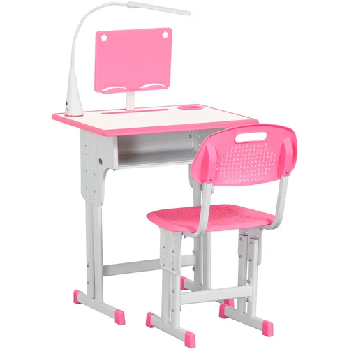 HOMCOM Šolska pisalna miza z otroškim stolom 6-12 let, nastavljiva višina, svetilka LED, stojalo za glasbo in držalo za pisala, jeklo in MDF, roza, (20755600)