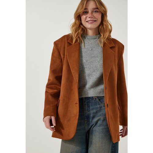  Women's Tan Premium Suede Blazer Jacket Cene