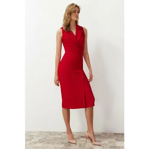 Trendyol Red Body-hugging Button Detailed Double Breasted Neck Sleeveless Midi Pencil Skirt Woven Dress