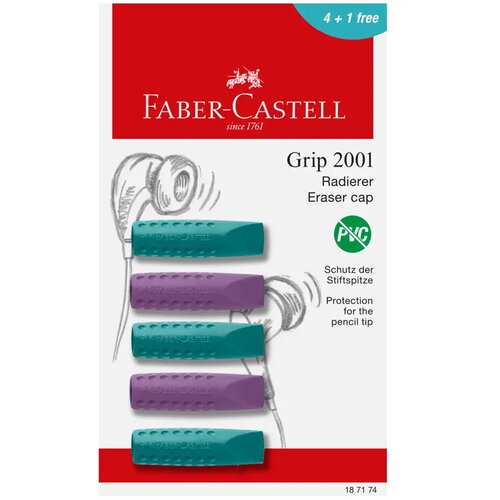 Faber-Castell GRIP set od 5 gumica za brisanje s poklopcem u ljubičastoj i plavoj boji Slike