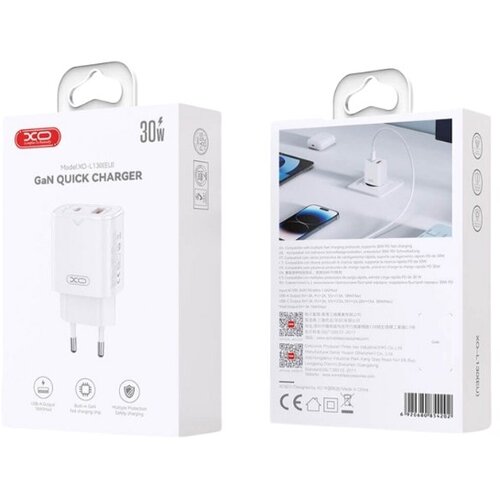 XO Kucni punjac L130 ulaz USB-A + USB-C PD 30W/QC 18W white + iPhone cable Slike