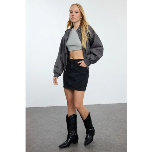 Trendyol Black Patterned Jacquard High Waist Denim Mini Skirt