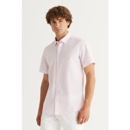 Altinyildiz classics Men's Pink Slim Fit Slim Fit Shirt with Hidden Buttons Collar 100% Cotton See-through Pattern Short Sleeve Shirt.
