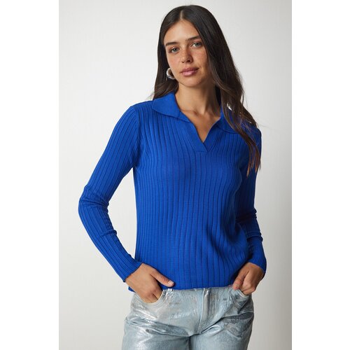 Happiness İstanbul Women's Dark Blue Polo Neck Corduroy Knitwear Sweater Slike