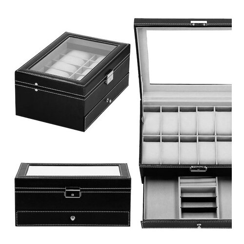 springos &Scaron;katla za uro 30x20x13 cm, črno-sivo ohi&scaron;je z 12 predelki iz eko usnja., (21631815) Cene