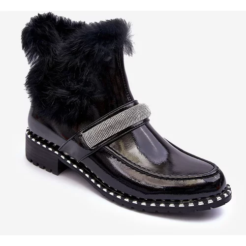 Kesi Low patent leather ankle boots with fur and decorations. Barski Black