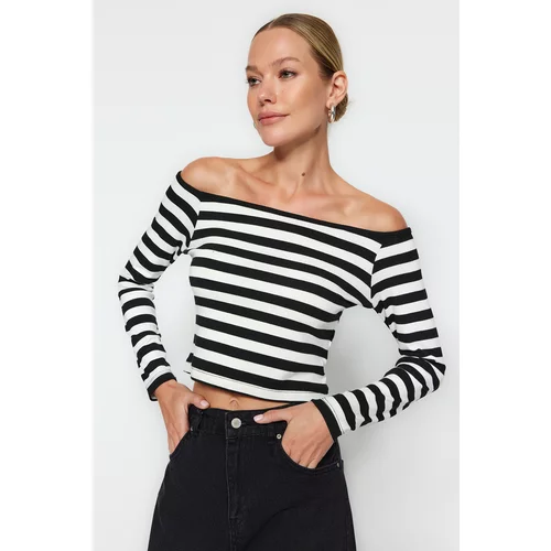 Trendyol Black Striped Carmen Collar Fitted/Slippery Knitted Blouse