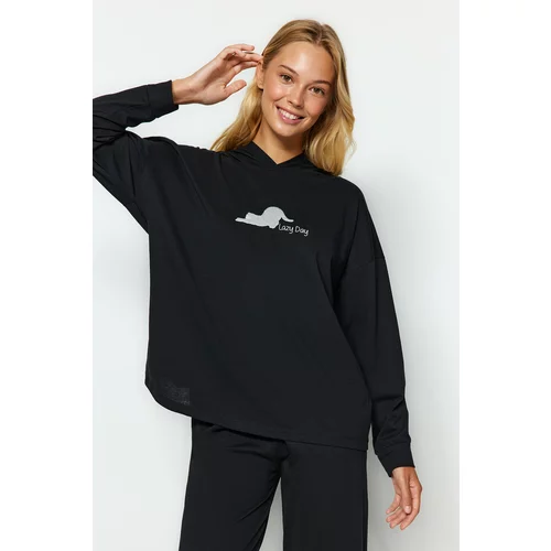 Trendyol Black Cat Embroidered Sweatshirt-Pants and Knitted Pajamas Set