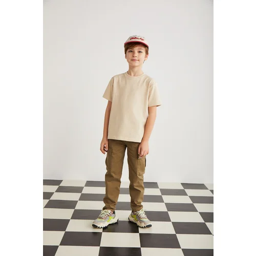 Grimelange Lorenz Boy's 100% Cotton Crew Neck Relaxed Fit Short Sleeve Beige T-shir