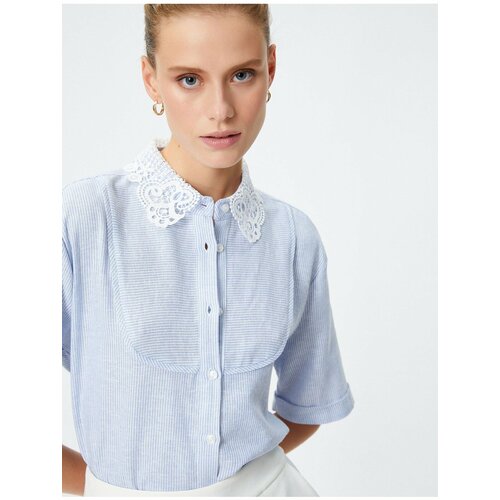 Koton Lace Collar Shirt with Short Sleeves and Buttons Linen Viscose Blend. Slike