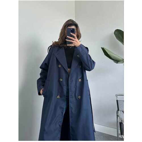 Laluvia Navy Blue Button Detailed Belted Long Trench Coat Slike