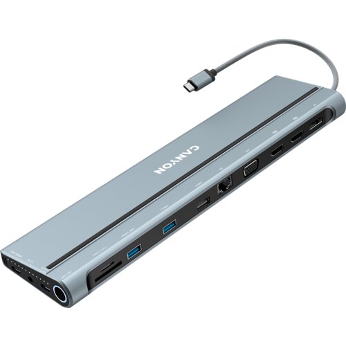 Canyon 14 in 1 hub, with Type C female *2,Type C male *1:max 10Gbps,USBA*3:max 10Gbps,DP*1，VGA*1,SD card slot*1,TF card slot*1,Audio 3.5 audio*1,HDMI*2,RJ45*1,cable length 0.20m,Aluminum alloy housing,76*22.5*301mm,Dark grey Cijene