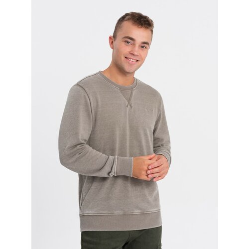 Ombre Washed men's sweatshirt with decorative stitching at the neckline - beige Slike