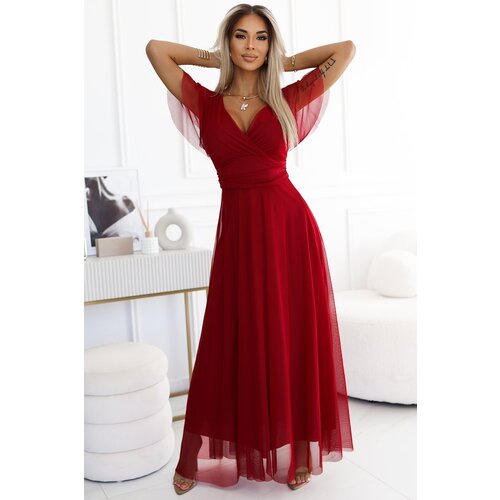 Numoco 562-2 NASTIA Long dress with neckline and short sleeves - BORDO Cene