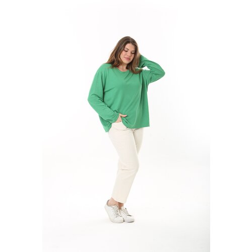 Şans women's plus size green crew neck long sleeve blouse Slike