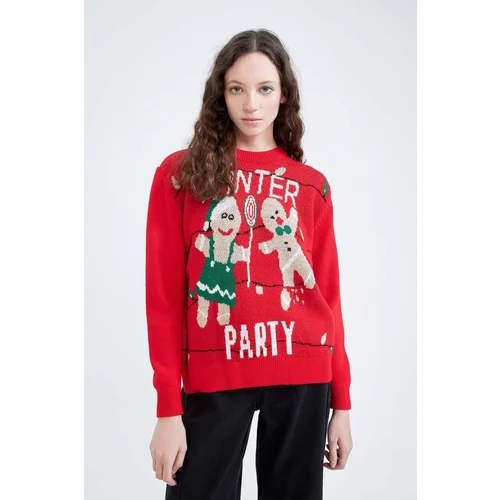 Defacto New Year&#39;s Themed Red Crew Neck Sweater