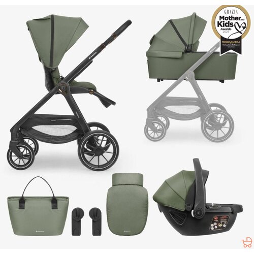 Kikka Boo modena kolica za bebe 3u1 set sa i-size auto sedi&amp;scaron;tem i tvrdom korpom army green Slike