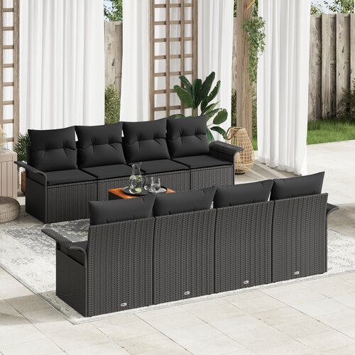 VidaXL 9-dijelni set vrtnih sofa s jastučićima crni poli ratan akacija, 2-sjedala vrtna sofa s pohranom i jastučićima crni poli ratan Slike