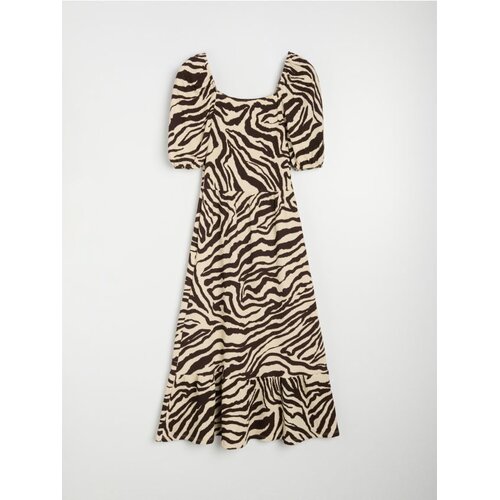 Sinsay Fit and flare midi haljina sa zebra uzorkom i puf rukavima Slike