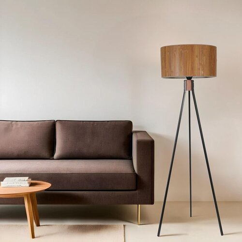 Opviq Fısco tripod siyah lambader silindir bambu 01 abajurlu woodenblack floor lamp Slike