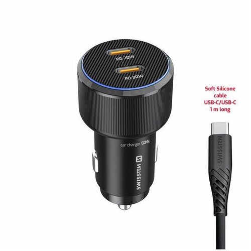 Swissten punjač za auto 2x USB-C PD, 50 W, crni + kabel USB-C/USB-C 1 m Slike