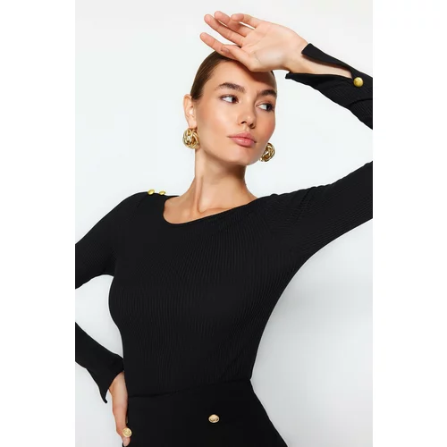 Trendyol Black Boat Collar Corduroy Flexible Regular Fit Long Sleeve Button Detailed Knitted Blouse
