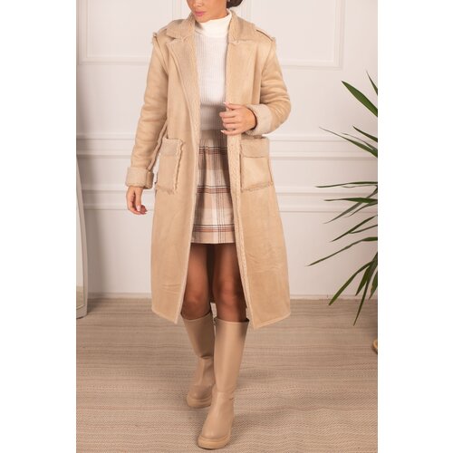 Armonika Women&amp;#039;s Beige Shearling Pocket Detailed Buttoned Suede Long Coat Slike