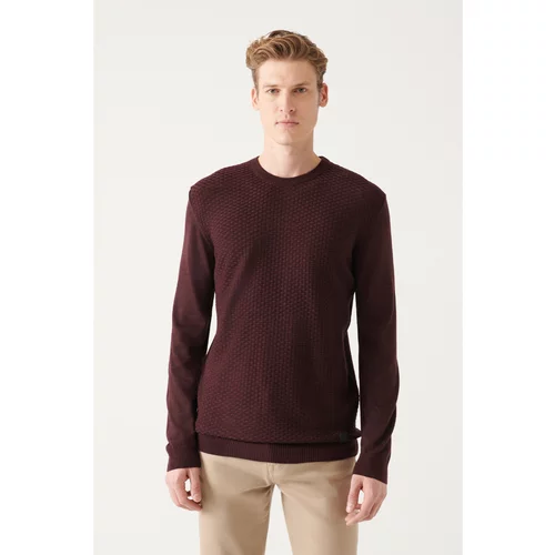 Avva Men's Burgundy Crew Neck Front Textured Standard Fit Normal Cut Knitwear Sweater