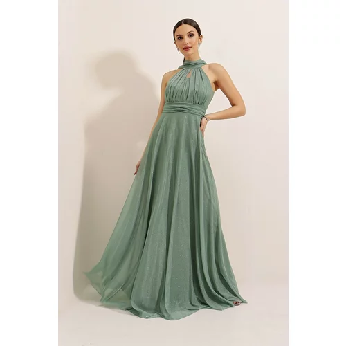 By Saygı Halterneck Lined Glittery Long Dress Mint