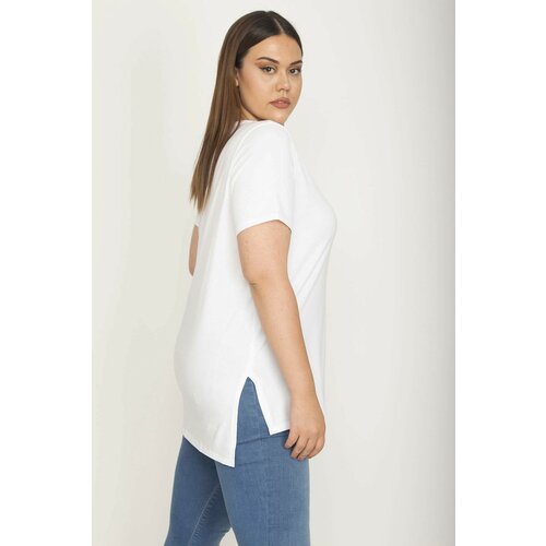 Şans Women's Plus Size White Long Back Blouse with Side Slit Slike