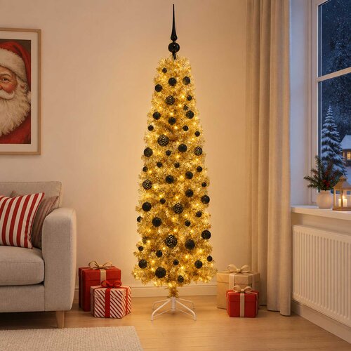  Umjetno usko božićno drvce s kuglicama 300 LED lampica Slike