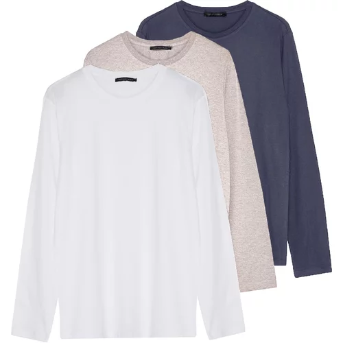Trendyol Dark Grey-Beige-White Men's 3-Pack 100% Cotton Long Sleeve Slim/Tight Fit Basic T-Shirt
