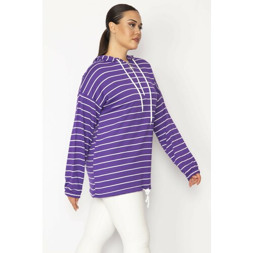 Şans women's plus size purple front pat with zipper eyelets and lace-up detail, hooded striped tunic Slike