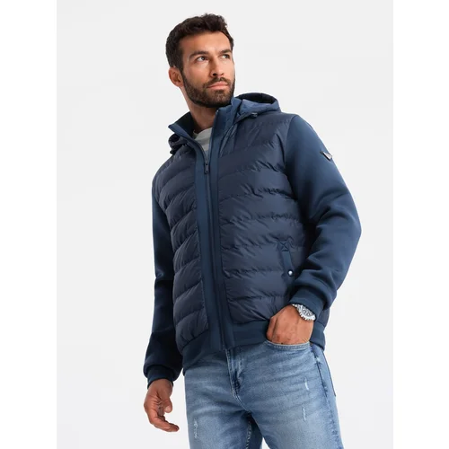 Ombre Men's quilted bomber jacket with high collar - navy blue